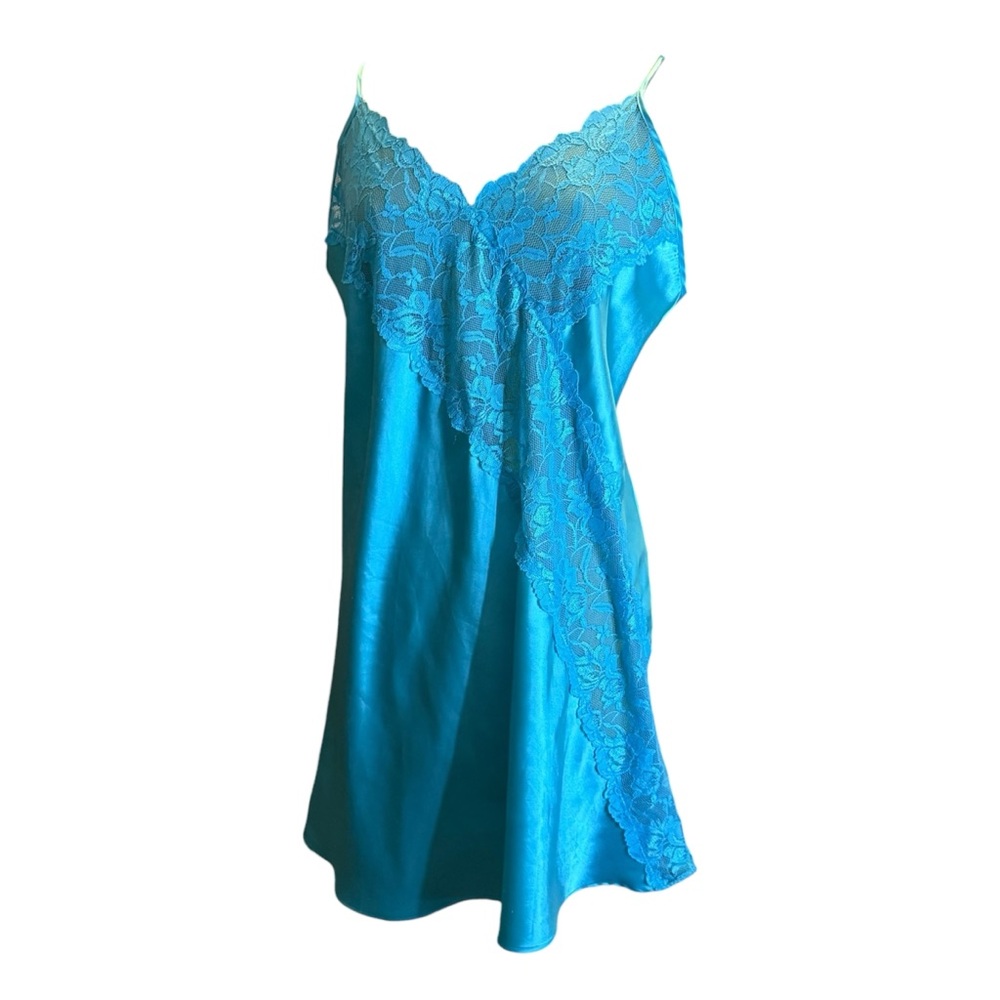 Aqua Blue Satin and Sheer Lace Chemise Slip Dress